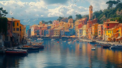 Obraz premium Colorful Harbor Town with Boats and Seagulls