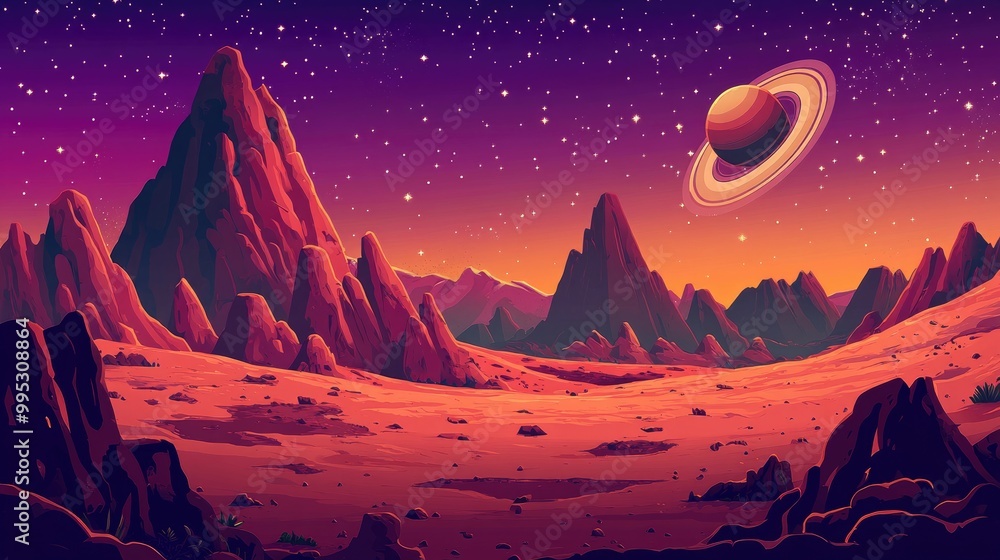 Poster fictional alien terrain featuring a red desert landscape mountains craters and a starry sky with sat