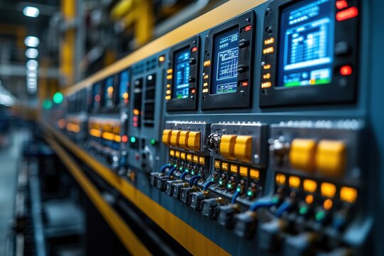 Close-up of industrial control panel with monitors and retrofitted wires in factory setting, digital instruments displaying data, shallow depth of field
