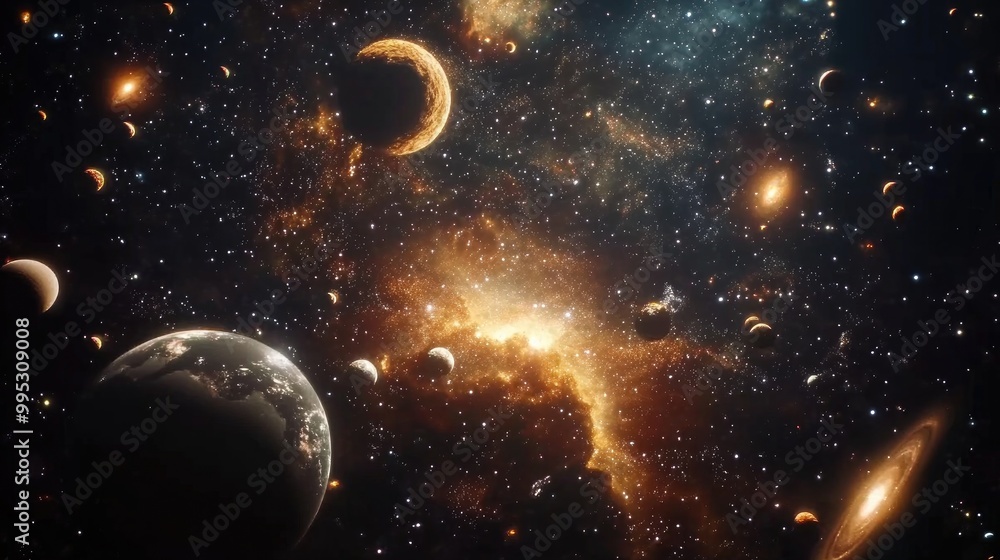 Poster celestial bodies and galaxies set against a backdrop of open space created through 3d rendering tech