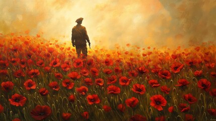 Realistic depiction of a soldier shadow over a field of red poppies