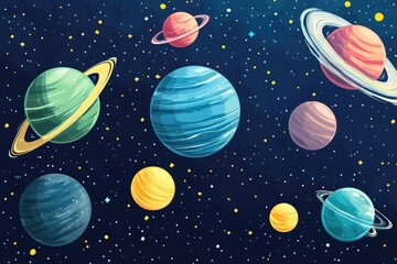 Large planets set against a cosmic backdrop filled with small stars 2D cartoon style flat illustration