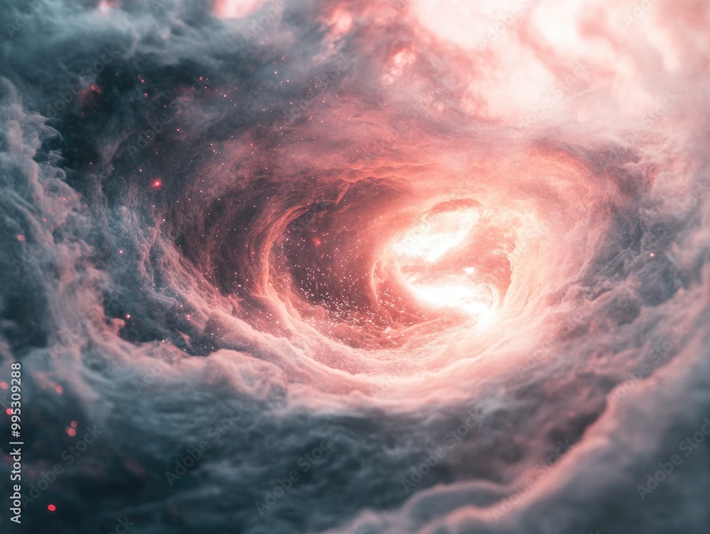 Poster fantasy portal effect with swirling smoke and floating particles created through 3d rendering techni