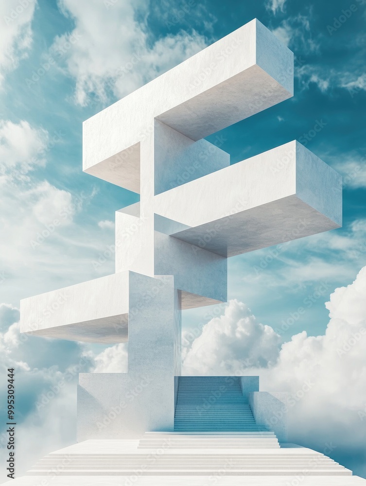 Poster surreal 3d rendering of white minimal architecture showcasing geometric shapes featuring an imaginat