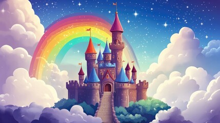 Fantasy themed cartoon castle featuring a rainbow fluffy clouds and twinkling stars