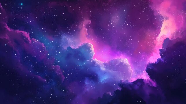 Vibrant nebula backdrop featuring glowing colors in a cosmic setting A blend of purple and blue hues with bright stars creating an enchanting universe in a 2D cartoon style