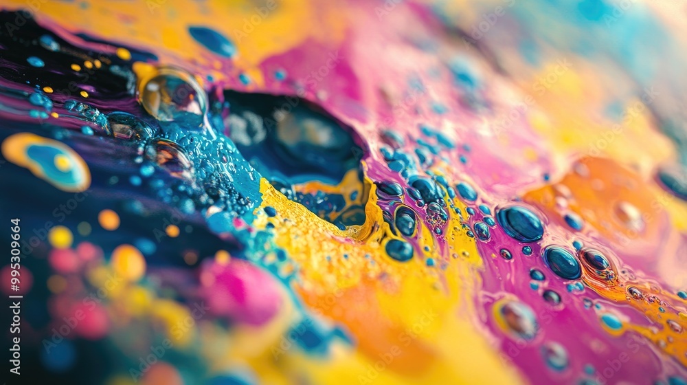Poster close up view of vibrant color splashes and blobs creating a textured fantasy scene