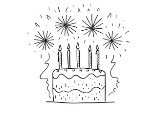 Lifes Journey: Celebrating Milestones with Cake and Fireworks in Elegant Single-Line Drawing