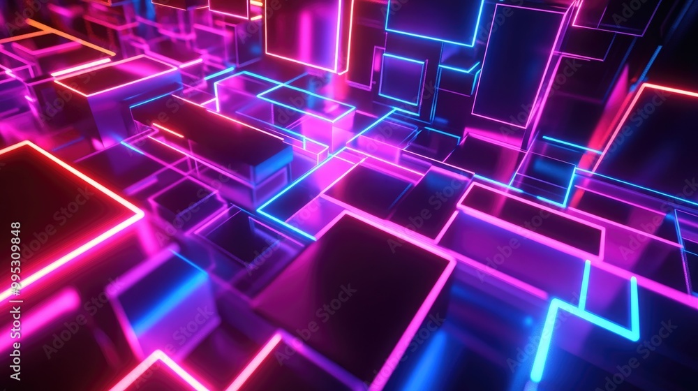Poster neon glowing tech lines create a hi tech futuristic abstract background featuring geometric square s