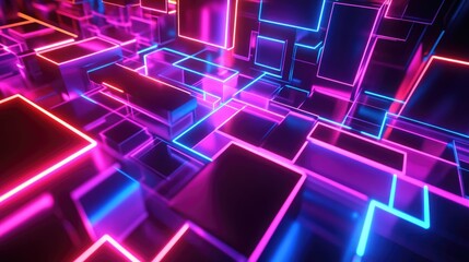 Neon glowing tech lines create a hi tech futuristic abstract background featuring geometric square shapes