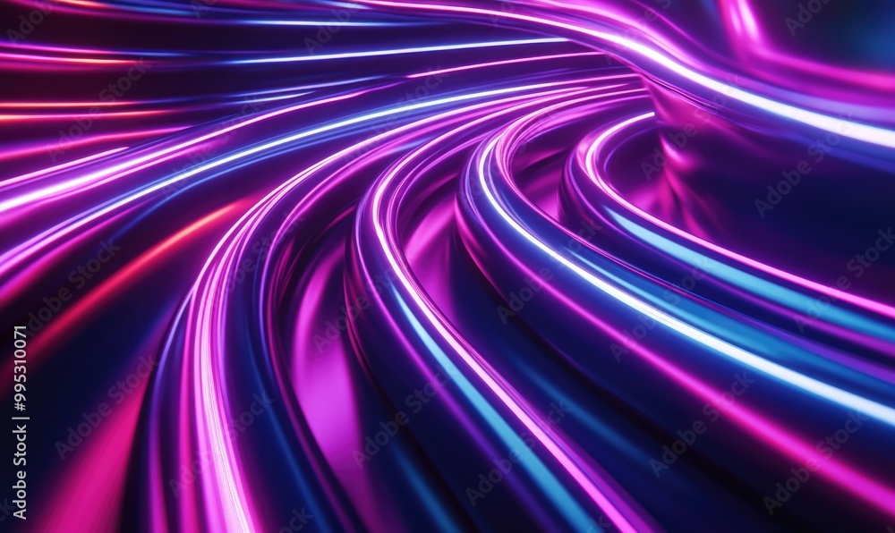 Poster neon curved lines background with a flowing effect created through 3d rendering and digital illustra