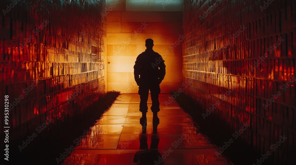 Canvas Prints a man stands in a dark hallway with a red glow