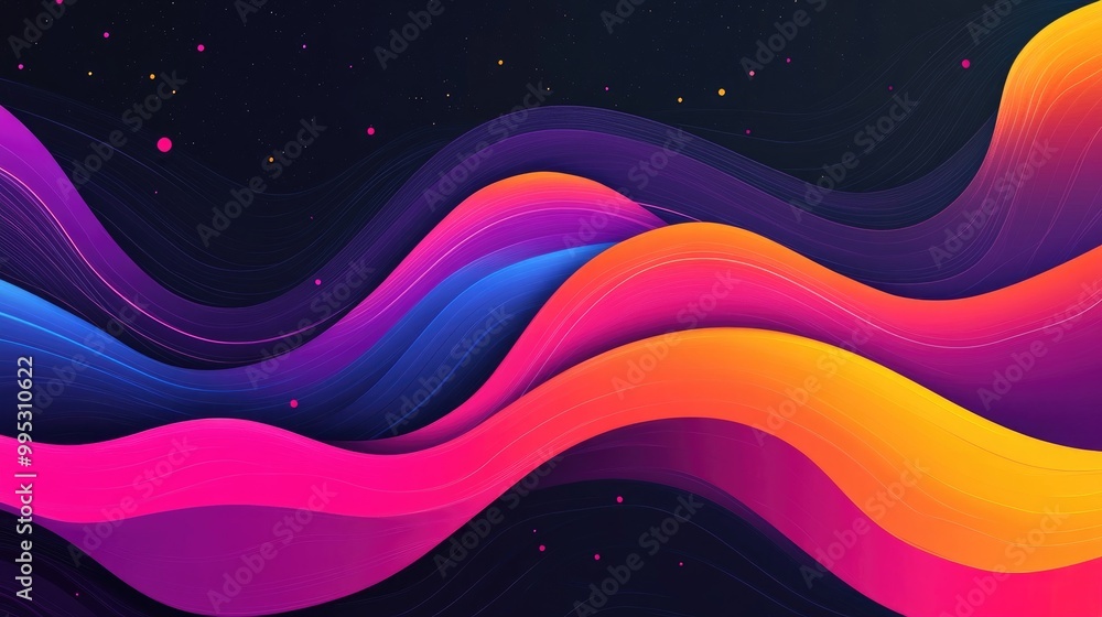 Poster colorful wave lines on a dark background in a 2d cartoon style design