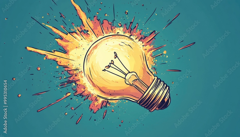 Aufkleber exploding light bulb symbolizing a burst of creativity illustrated in an abstract 2d cartoon style r