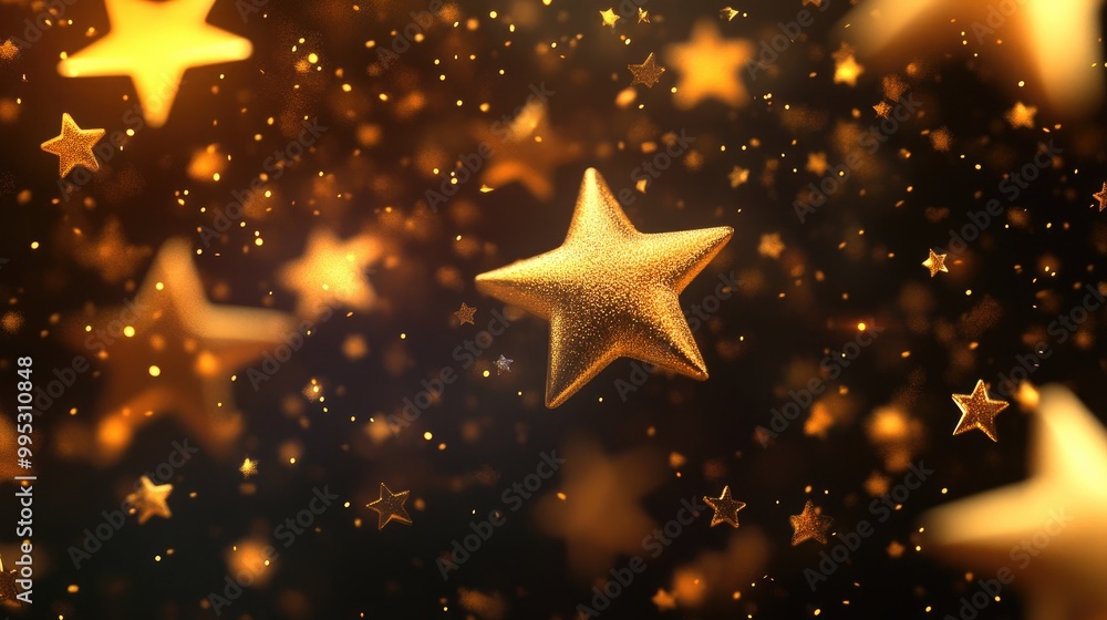 Poster whimsical 2d cartoon overlay featuring scattered gold stars randomly falling and floating creating a