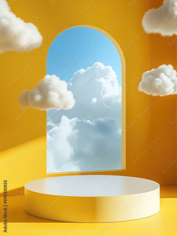 Poster fantasy 3d rendering of an abstract background featuring a blue sky view through a window on a yello