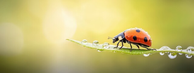 A vibrant ladybug perched on a dew-covered green leaf, glistening in soft sunlight. This close-up captures the delicate beauty of nature.