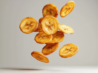 Sliced and fry banana chips elegantly float against a neutral background, showcasing their golden, crispy texture.