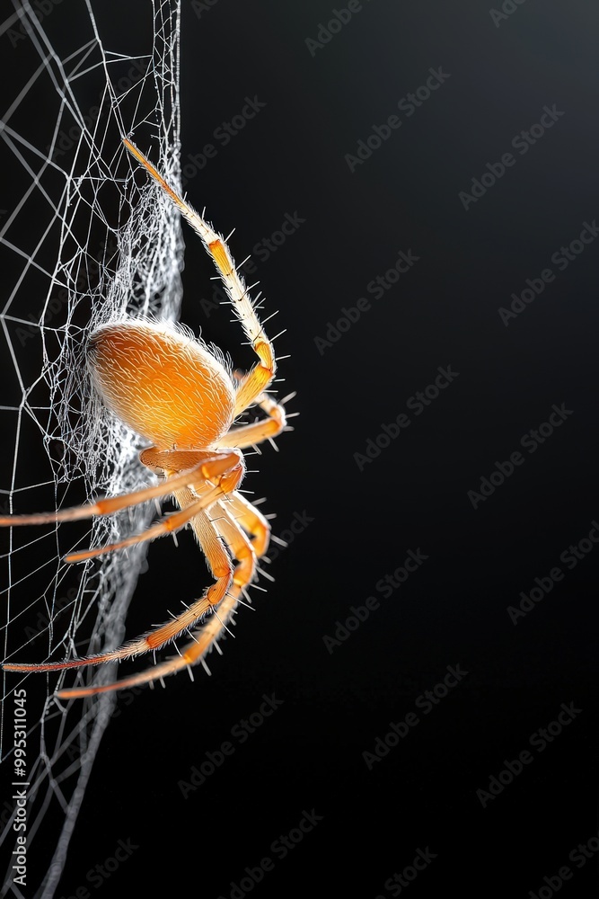 Poster stunning close-up of a spider resting on its intricate web. the orange hue and fine details highligh