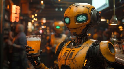 inside a tavern filled with robots holding cocktails in their hands and looking drunk 