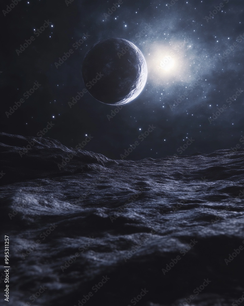 Aufkleber planets in a vast deep space setting illuminated by starlight featuring a 3d rendered science fictio