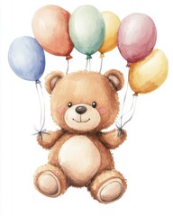 Adorable cartoon teddy bear surrounded by balloons watercolor illustration suitable for children s posters or baby celebrations featuring a clean white background
