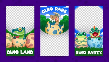 Dino kids of prehistoric dinosaurs in egg shell, banner templates. Vector frames for dino land, park or party events with vibrant Jurassic backgrounds and cute hatching baby dinosaur reptile species