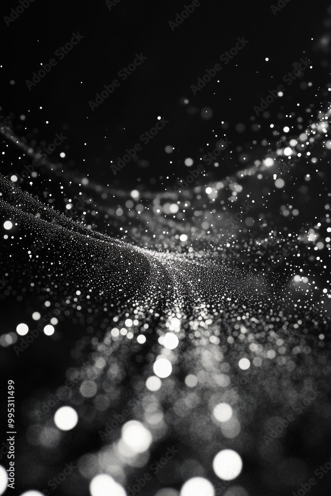 Poster abstract black and white background featuring shimmering circles and particles creating a visually s