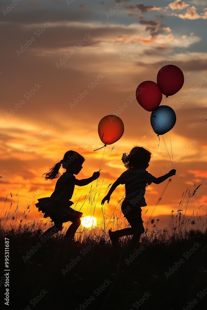 Poster two children are running in a field with balloons