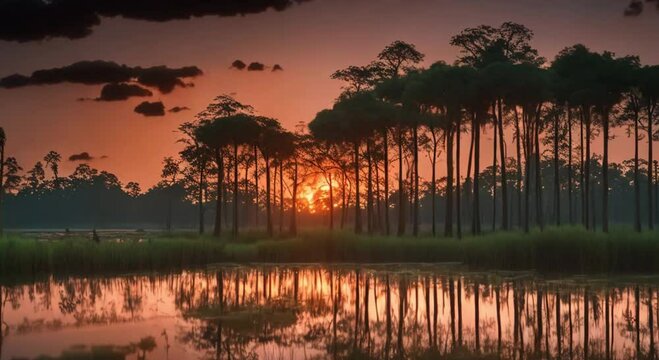 views of the swamp with tall trees with a beautiful sunset