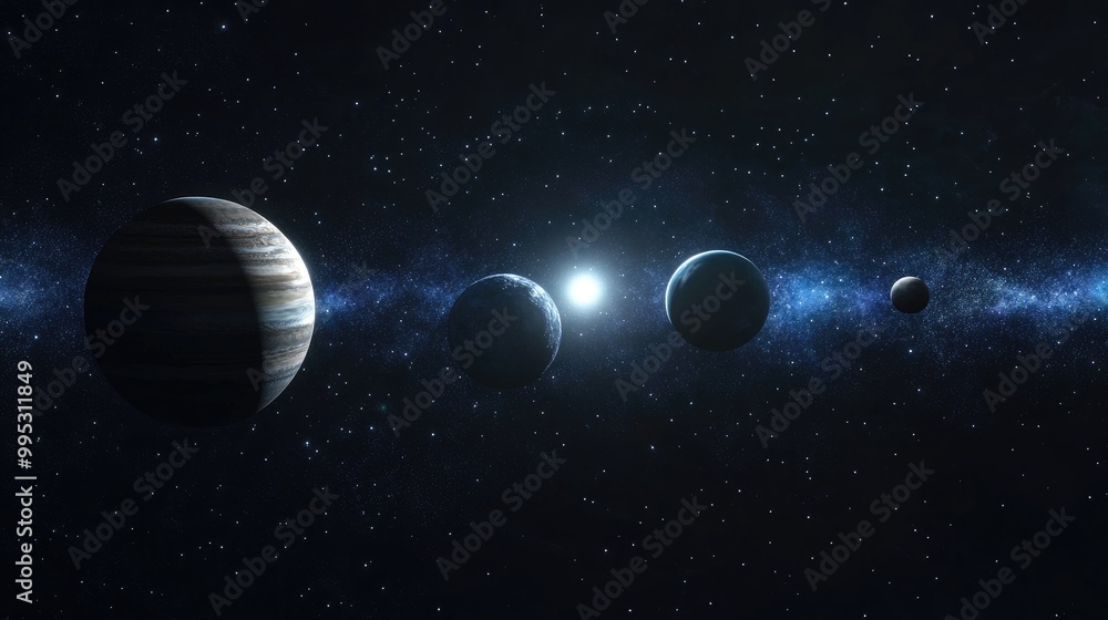 Poster 3d rendering of neptune and other planets within the solar system showcasing the vastness of space s