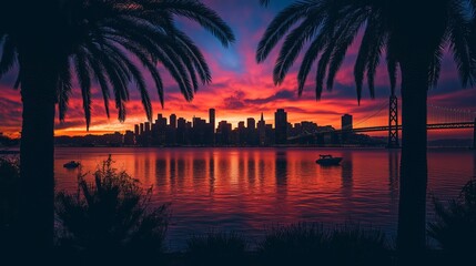 A stunning San Francisco sunset showcases the Bay Bridge, vibrant skies, and twinkling city lights.