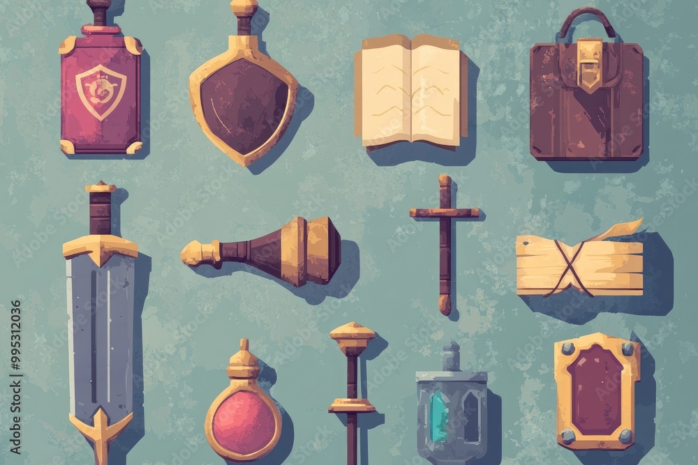 Aufkleber flat icon elements featuring a fantasy themed design against a textured background suitable for vari