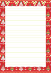 Liste de cadeaux de No&euml;l d&eacute;cor&eacute;e d'un motif rouge avec des sapins verts, style tricot de laine, papeterie  format A4 &agrave; imprimer pour les f&ecirc;tes, vecteur joyeux et festif