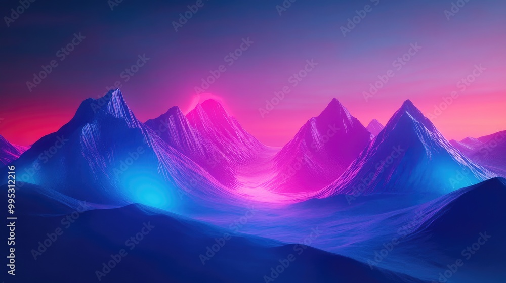 Aufkleber 3d rendering of an abstract surreal landscape featuring large fantasy mountains illuminated by neon 