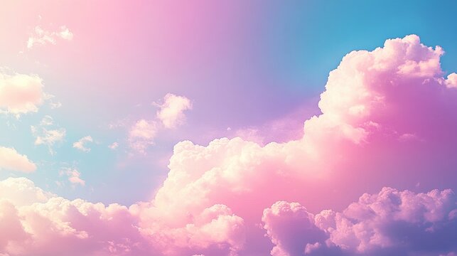 Vibrant panorama featuring a clear blue pink and purple sky with white clouds providing ample copy space Ideal for summer themed landscapes and colorful sky illustrations