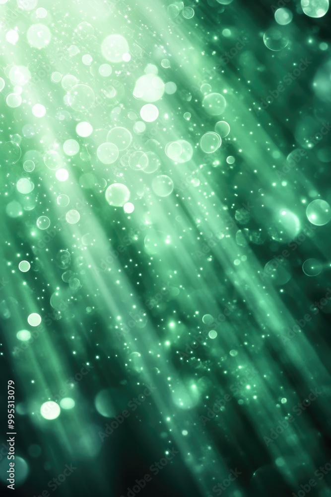 Poster abstract green background featuring sparkling circles and a glossy finish light rays create an illum