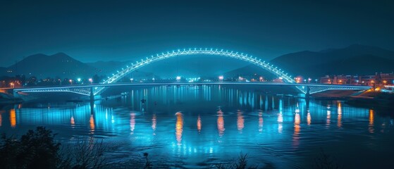 Fototapeta premium Illuminated Bridge Over Calm Water at Night