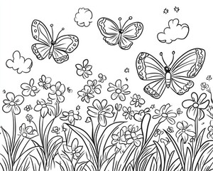 Fototapeta premium Coloring page featuring cartoon butterflies soaring above grass and flowers Hand drawn 2D black and white illustration perfect as a design template for children s coloring books posters or postcar