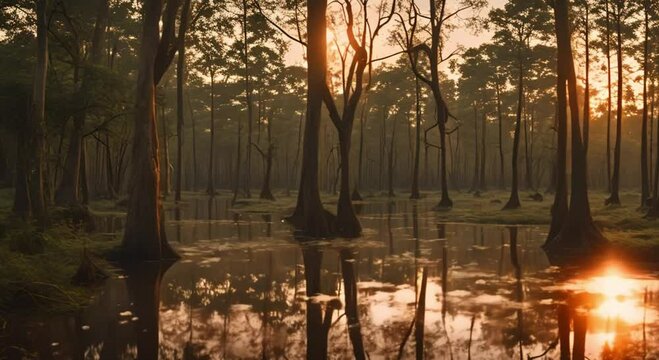 views of the swamp with tall trees with a beautiful sunset