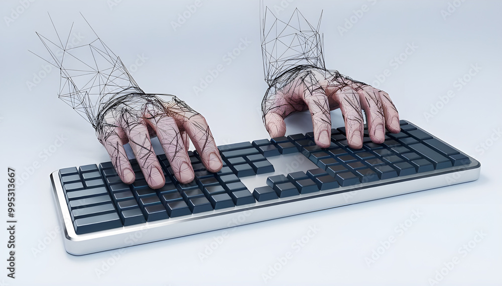 Poster digital 3d human hands typing on computer or laptop keyboard. office work, workplace or business con