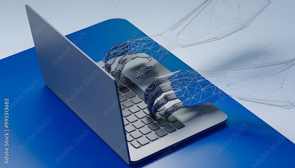 Poster digital 3d human hands typing on computer or laptop keyboard. office work, workplace or business con