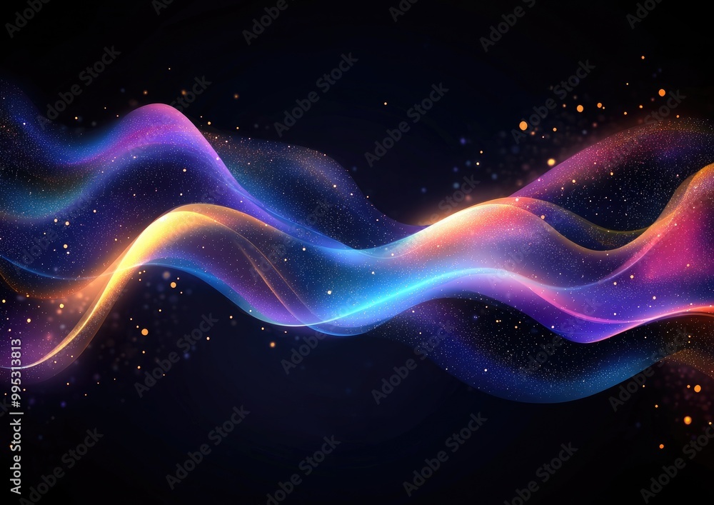 Poster glowing abstract wave in a dark shimmering motion creating a magical space light effect 2d cartoon t