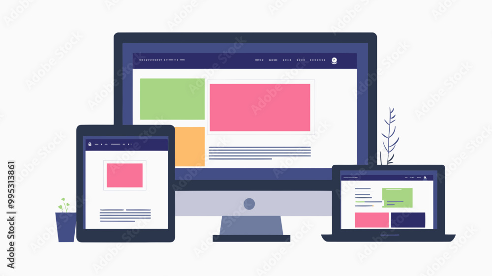 Poster responsive web design illustration featuring tablet, laptop, mobile phone, and desktop screens for d