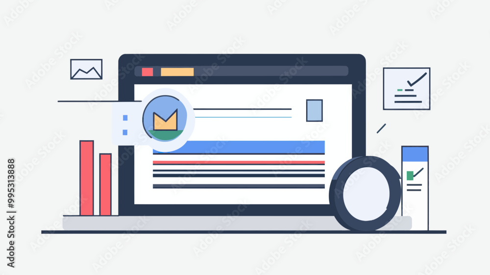 Poster seo optimization concept vector image showing on-screen analysis, charts, and graphs for better sear