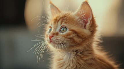 A close-up of a curious orange kitten with bright blue eyes and soft fur.