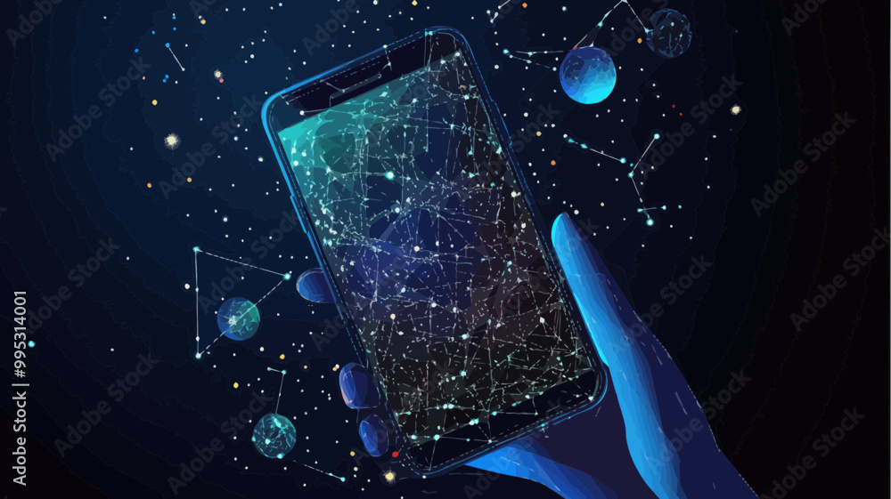 Poster abstract space-themed smartphone in hand vector wireframe with starry sky, points, lines, and shapes