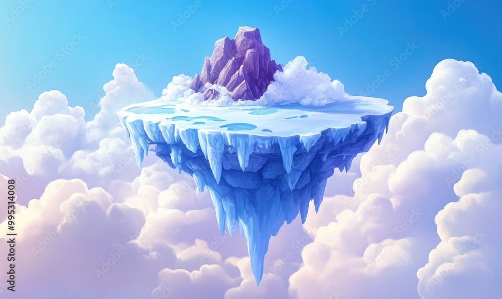 Poster floating ice island featuring a rocky summit and clouds in the background depicted in a vibrant 2d c