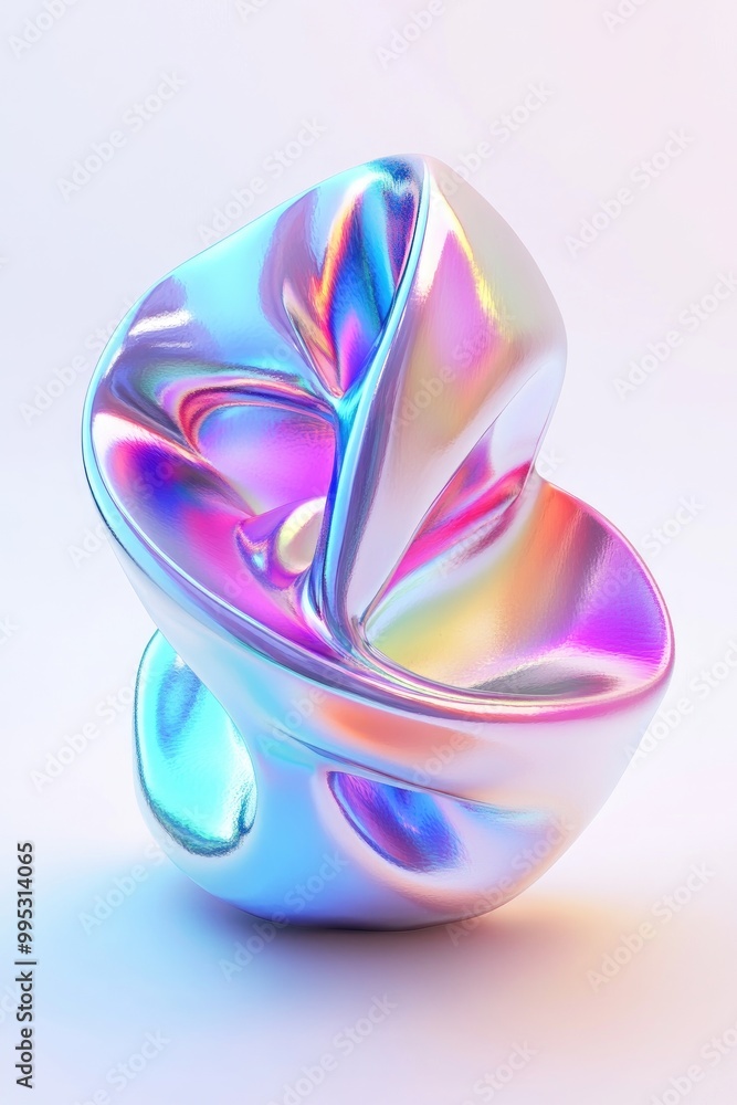 Poster Holographic 3D shape with a metallic iridescent surface on a white background Features a color gradient in a Y2K style showcasing a trendy and futuristic design element 3D rendering