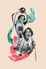 Vertical creative 3d photo graphics collage painting of carefree lady enjoying retro party singing songs isolated drawing background
